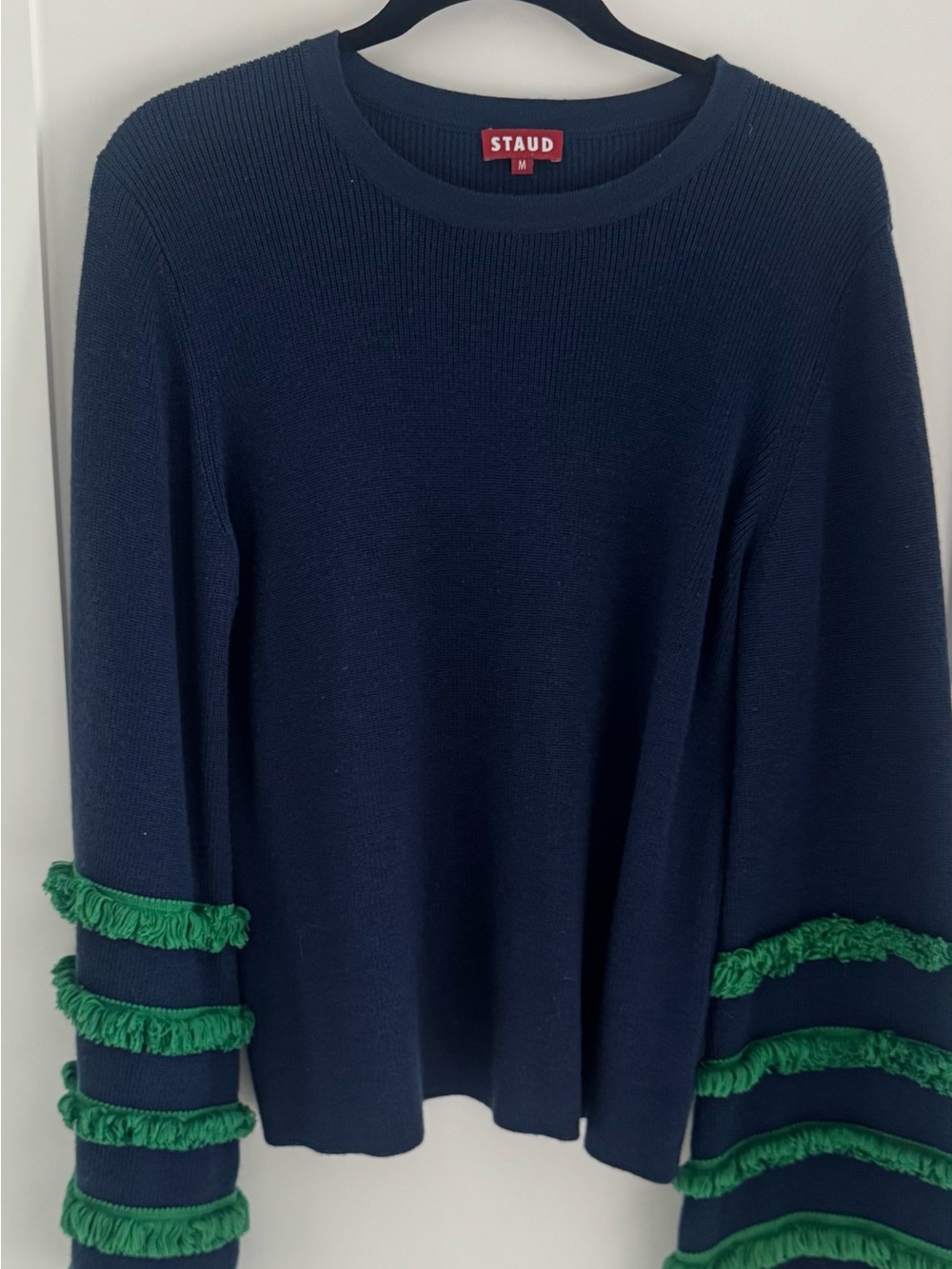 STAUD Navy Knit Sweater with Green Fringe Sleeve Stripes